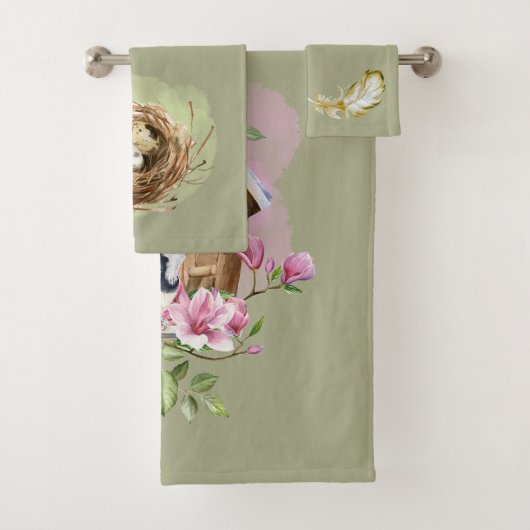 Blauw Jay vogelhuisje bloemen Nest veer blauw roze Bad Handdoek (Insitu)