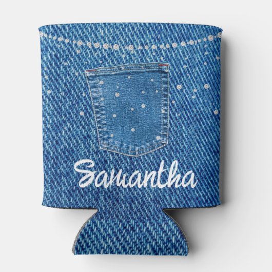 Blauw Jean Denim en Diamant met Pocket Blikjeskoeler (Achterkant)