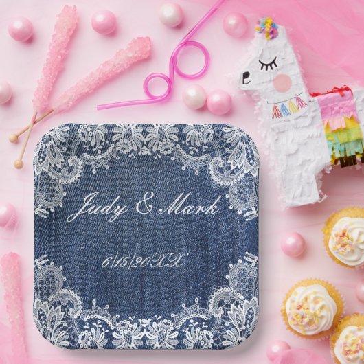 Blauw Jean Denim en kant Papieren Bordje (Feest)