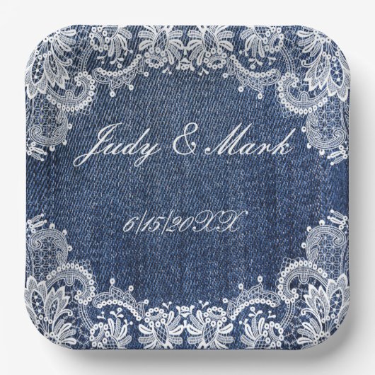 Blauw Jean Denim en kant Papieren Bordje (Voorkant)