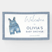 Blauw Jean Denim Gingham Jongen Welkom Baby Borrel Spandoek (Horizontaal)