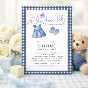 Blauw Jean Denim Meisje Gingham Baby Shower Kaart
