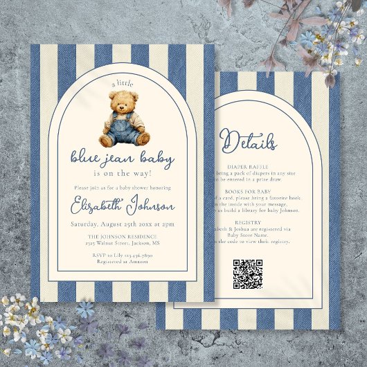Blauw Jean Denim Teddybeer QR Code Baby Shower Uit Kaart