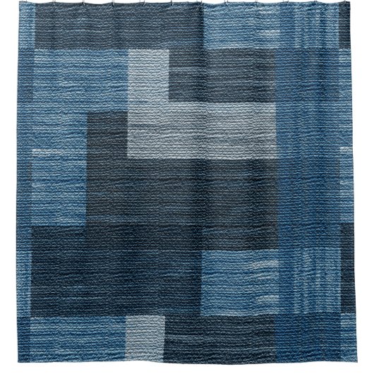 Blauw Jean patch Werk Faux Burlap Douchegordijn (Voorkant)