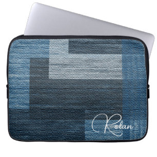 Blauw Jean patch Werk Faux Burlap Laptop Sleeve