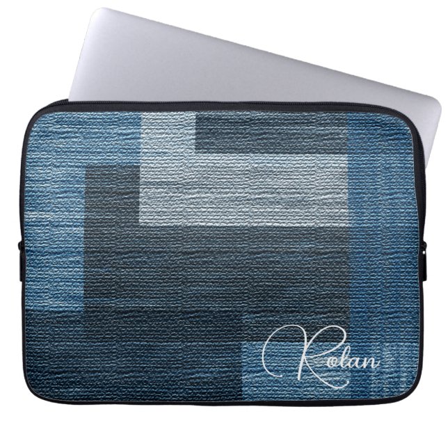 Blauw Jean patch Werk Faux Burlap Laptop Sleeve (Voorkant)
