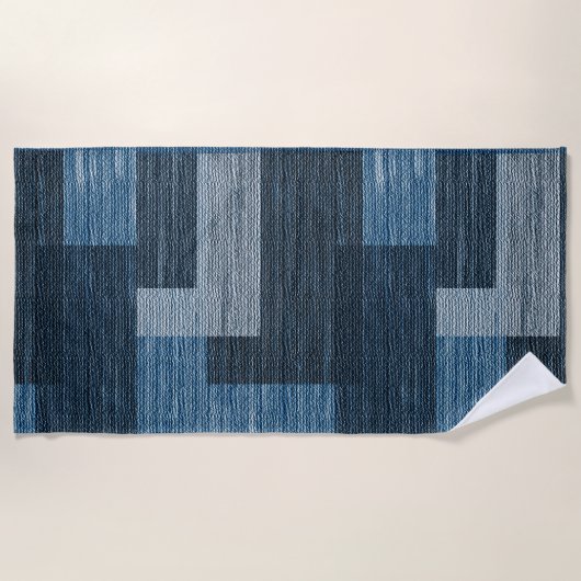 Blauw Jean patch Werk Faux Burlap Strandlaken (Voorkant)