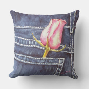 BLAUW JEAN POCKET MET PINK ROSE BUD FLOWER PATIO BUITENKUSSEN
