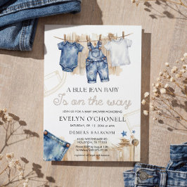 Blauw jeans baby shower uitnodiging