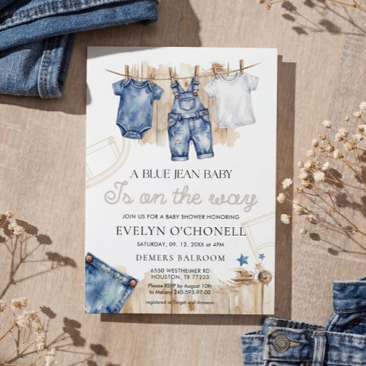 Blauw jeans baby shower uitnodiging