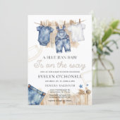 Blauw jeans baby shower uitnodiging (Staand voorkant)