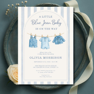 Blauw jeans baby strepen baby shower  kaart