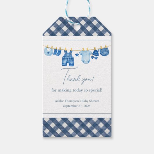 Blauw jeans babyshower dank je wel cadeaulabel (Voorkant)
