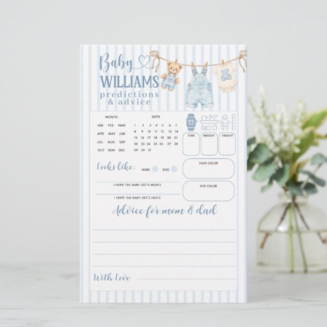Blauw jeans babyshower jongen voorspelling spel (Staand voorkant)