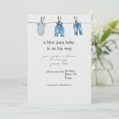 Blauw jeans babyshower uitnodiging (Staand voorkant)