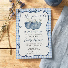 Blauw jeans denim baby shower uitnodiging
