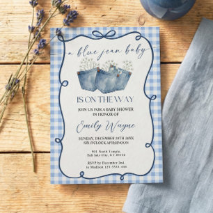 Blauw jeans denim baby shower uitnodiging