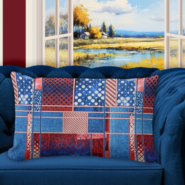 Blauw Jeans patchwork Quilt Pattern Pillow Kussen (Pillow featuring a modern abstract quilt patchwork pattern design in red white and blue with jeans)