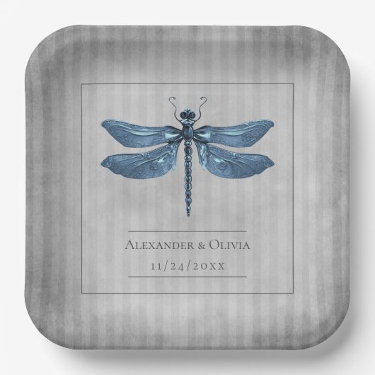 Blauw Jeweled Dragonfly Bruiloft Papieren Bordje (Voorkant)
