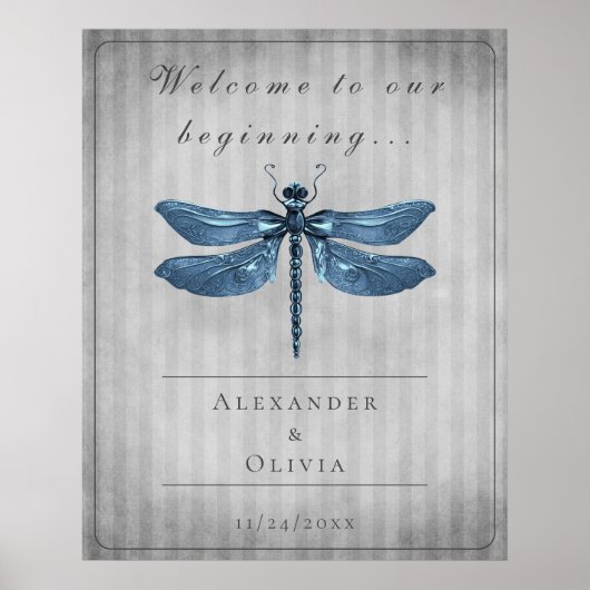 Blauw Jeweled Dragonfly Bruiloft Welkom Poster (Voorkant)