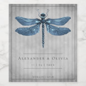 Blauw Jeweled Dragonfly Bruiloft Wijn Etiket (Enkel label)