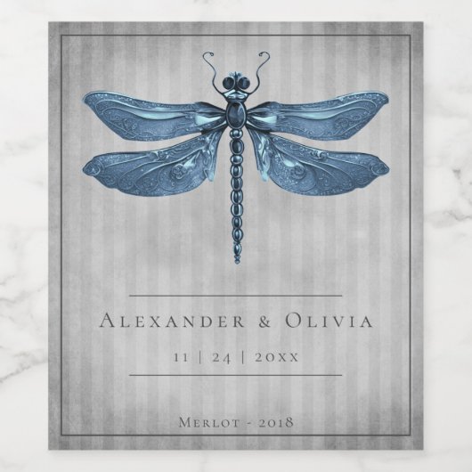 Blauw Jeweled Dragonfly Bruiloft Wijn Etiket (Enkel label)