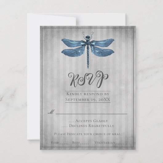 Blauw Jeweled Dragonfly Wedding RSVP Kaartje (Voorkant)