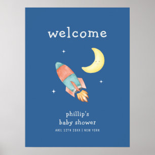 Blauw Jongen Over De Maan Raket Baby Shower Welkom Poster