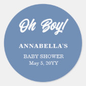 Blauw jongens babyshower klassieke ronde sticker (Voorkant)