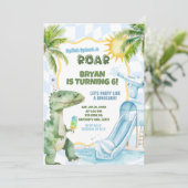 Blauw Jongens Groovy Dinosaur Zwembad Verjaardagsf Kaart (Staand voorkant)