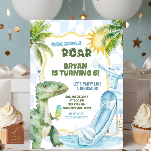 Blauw Jongens Groovy Dinosaur Zwembad Verjaardagsf Kaart