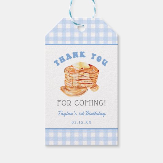 Blauw jongens pannenkoekenontbijt verjaardag bedan cadeaulabel (Voorkant)