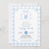 Blauw jongensmonogram waterverf crest babyborrel kaart (Voorkant)