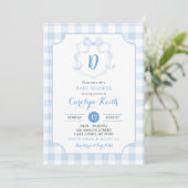 Blauw jongensmonogram waterverf crest babyborrel kaart (Staand voorkant)
