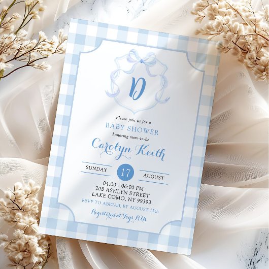 Blauw jongensmonogram waterverf crest babyborrel kaart