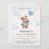 Blauw jongetje teddybeer ballonnen eerste verjaard kaart (Voorkant)