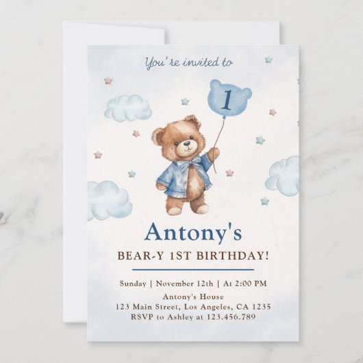 Blauw jongetje teddybeer ballonnen eerste verjaard kaart (Voorkant)