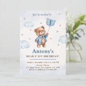 Blauw jongetje teddybeer ballonnen eerste verjaard kaart (Staand voorkant)