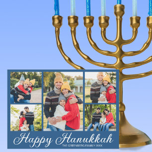 Blauw Joods familiefoto collage Gelukkig Hanukkah Feestdagenkaart