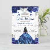 Blauw Jurk Zwart Haar Prinses Sweet 16 Kaart (Staand voorkant)