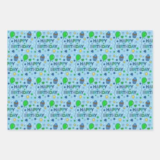 Blauw, kalkgroen en witte jongen's Happy Birthday Inpakpapier Vel (Voorkant 2)
