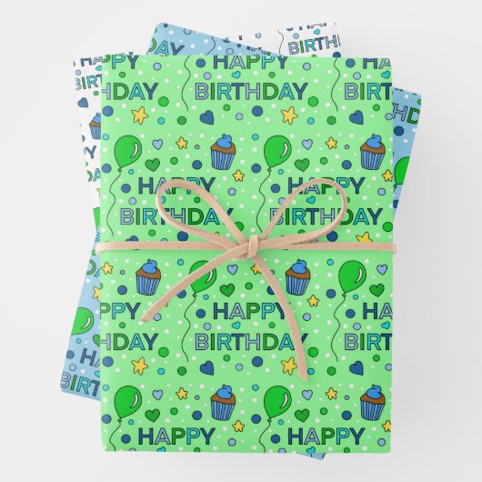 Blauw, kalkgroen en witte jongen's Happy Birthday Inpakpapier Vel (In situ)