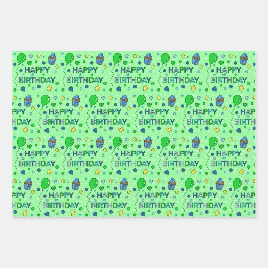 Blauw, kalkgroen en witte jongen's Happy Birthday Inpakpapier Vel (Voorkant)
