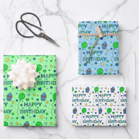 Blauw, kalkgroen en witte jongen's Happy Birthday Inpakpapier Vel (Voorkant)