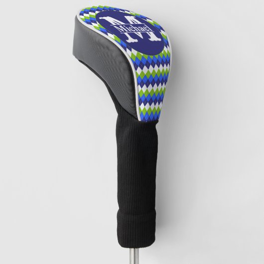 Blauw, kalkgroen en witte, monogrammen golfheadcover (Schuin)