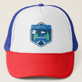 Blauw kampeerbadge trucker pet (Voorkant)