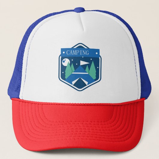 Blauw kampeerbadge trucker pet (Voorkant)