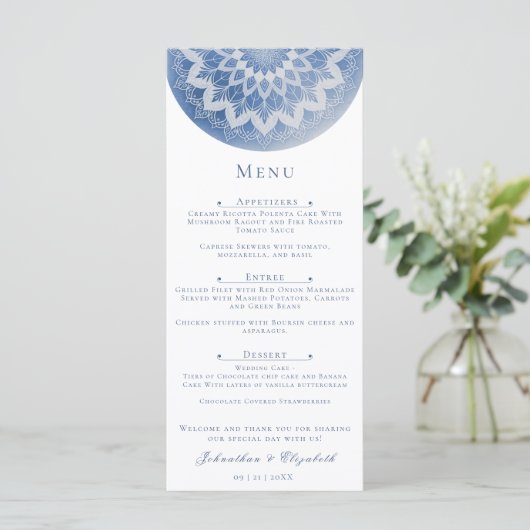 Blauw Kanten Mandala Bruiloft Menu (Staand voorkant)