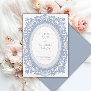 Blauw kantwerk kader whimsical vintage bruiloft kaart