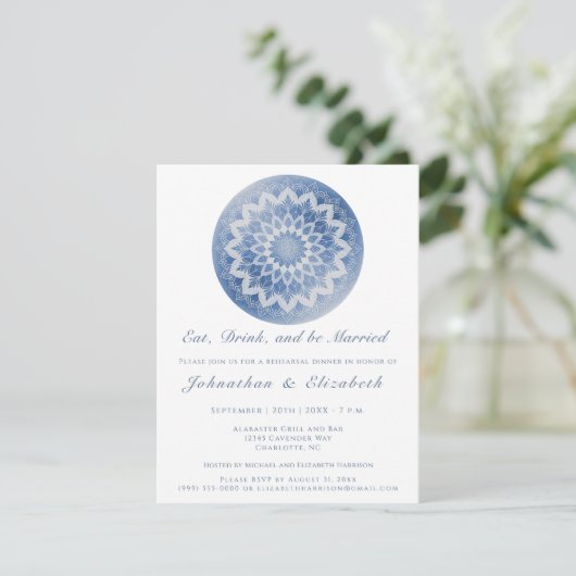 Blauw Kantwerk Mandala Oefenbruiloft Dinner Kaart (Staand voorkant)